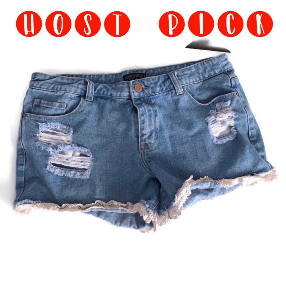 Forever 21 Vintage destroyed lace trim jean shorts - Picture 2 of 5
